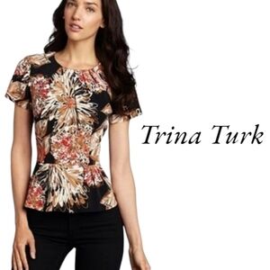 Trina Turk Floral Print Peplum Top - Short Sleeve, Summer Fall Office, Size XS